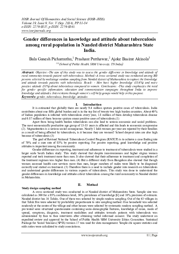 (PDF) Gender differences in knowledge and attitude about tuberculosis ...