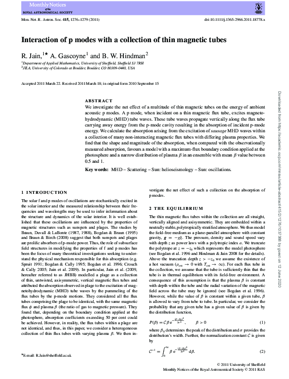 (PDF) Interaction of p modes with a collection of thin magnetic tubes