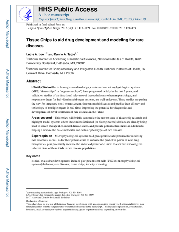 (PDF) Tissue chips to aid drug development and modeling for rare diseases