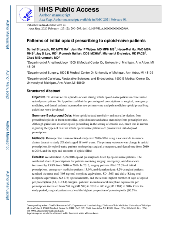 (PDF) Patterns of Initial Opioid Prescribing to Opioid-Naive Patients ...
