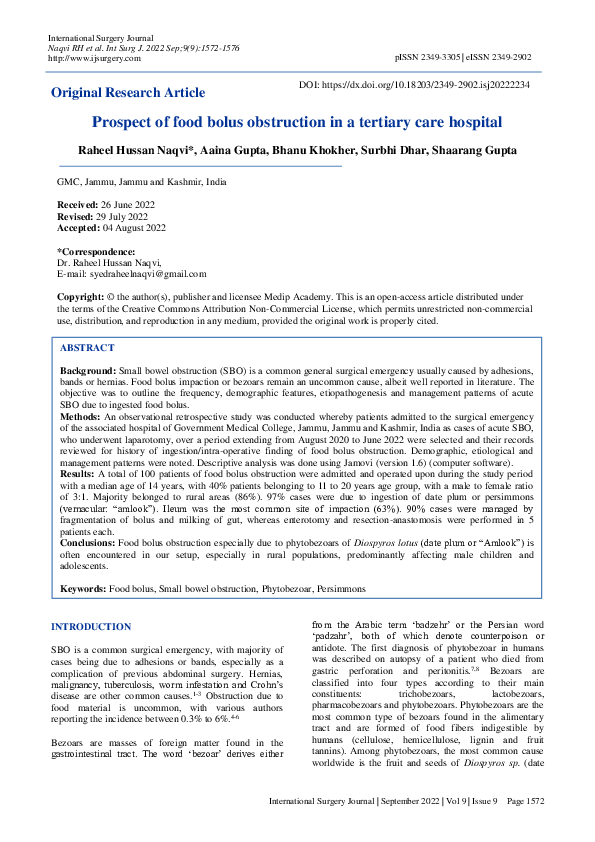 (PDF) Prospect of food bolus obstruction in a tertiary care hospital