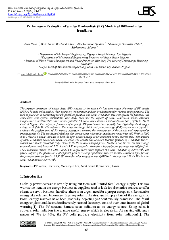 (PDF) Performance Evaluation of a Solar Photovoltaic (PV) Module at ...