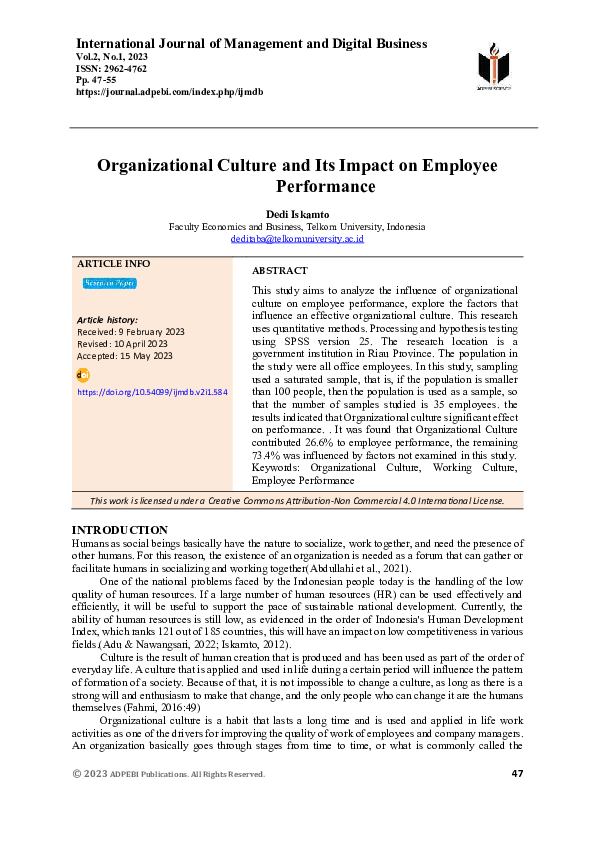 (PDF) Organizational Culture and Its Impact on Employee Performance