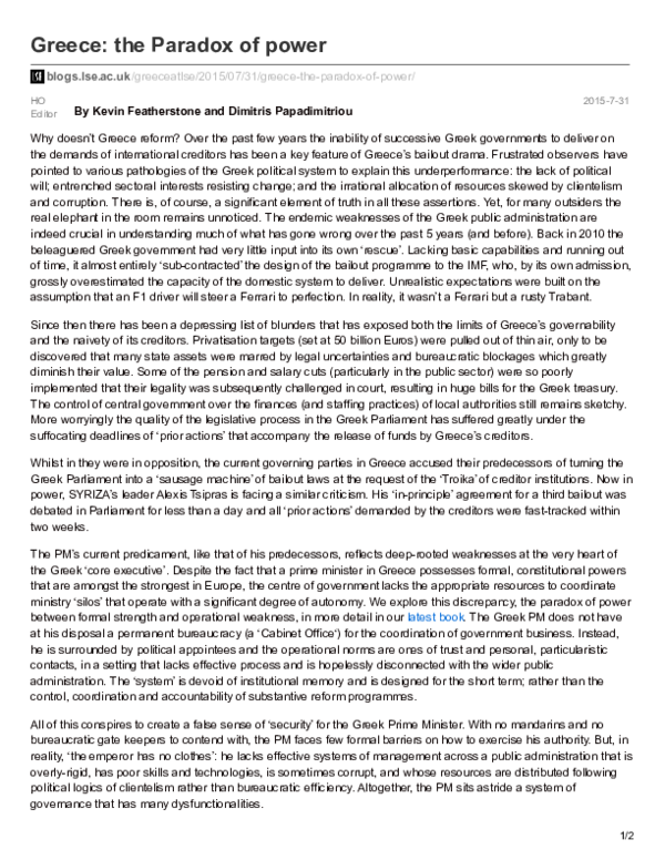 (PDF) Greece: the paradox of power