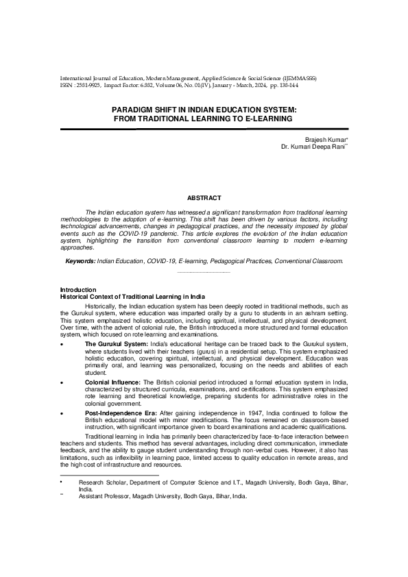 (PDF) PARADIGM SHIFT IN INDIAN EDUCATION SYSTEM: FROM TRADITIONAL ...