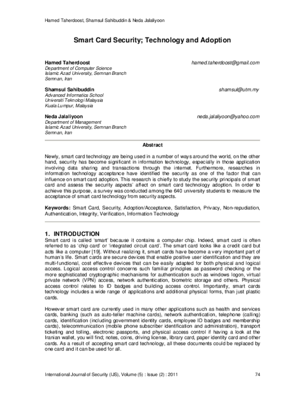 (PDF) Smart Card Security; Technology and Adoption