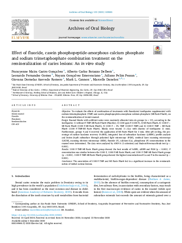 (PDF) Effect of fluoride, casein phosphopeptide-amorphous calcium ...