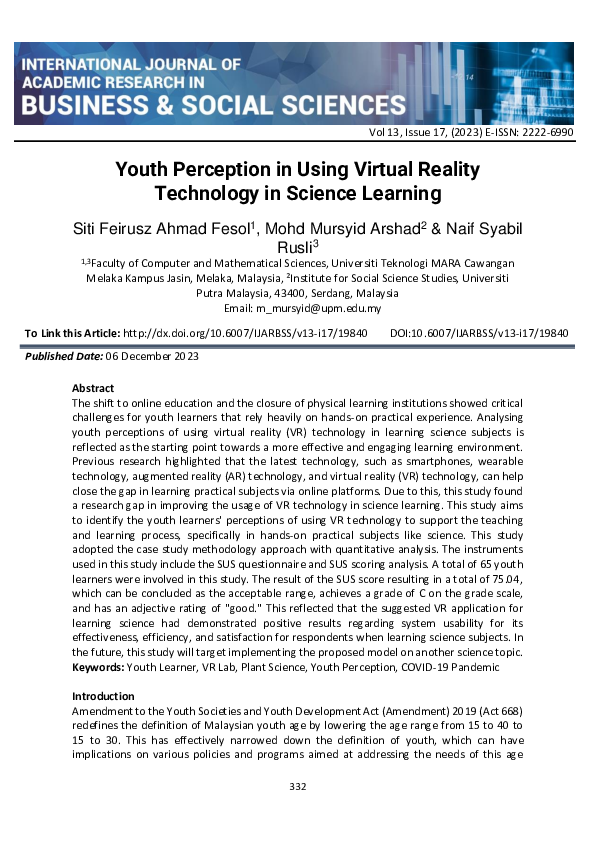 (PDF) Youth Perception in Using Virtual Reality Technology in Science ...
