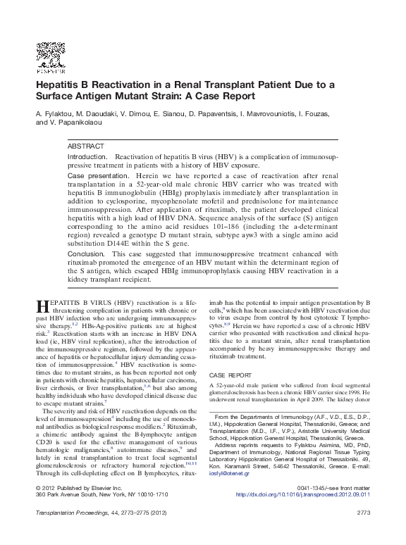 (PDF) Hepatitis B Reactivation in a Renal Transplant Patient Due to a ...