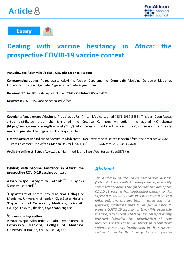 (PDF) Dealing with vaccine hesitancy in Africa: the prospective COVID ...