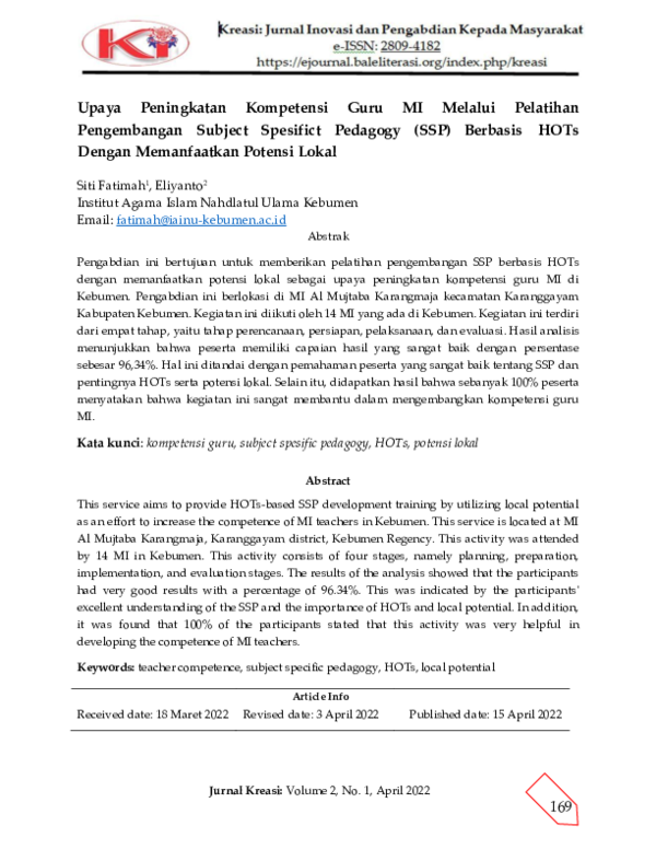 Upaya Peningkatan Kompetensi Guru MI Melalui Pelatihan Pengembangan Subject Spesifict Pedagogy (SSP) Berbasis HOTs Dengan Memanfaatkan Potensi Lokal