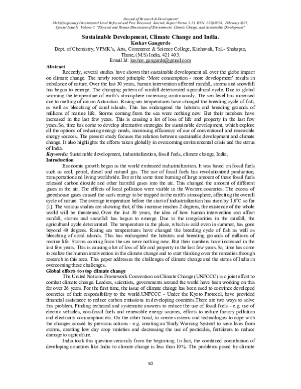 (PDF) Sustainable Development, Climate Change & India