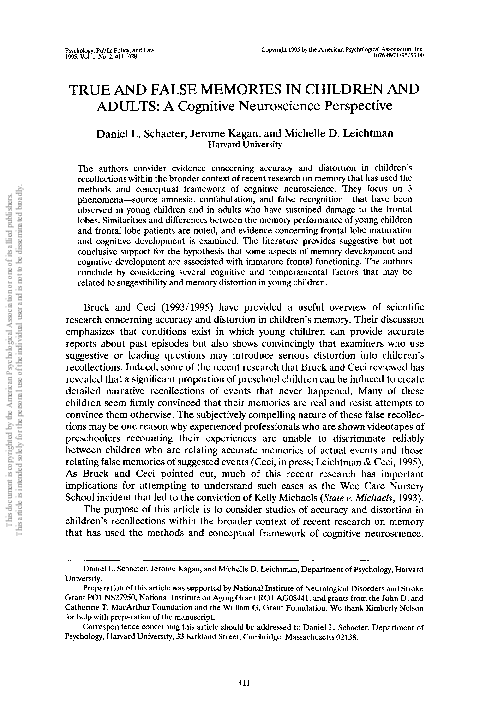 (PDF) True and false memories in children and adults: A cognitive ...