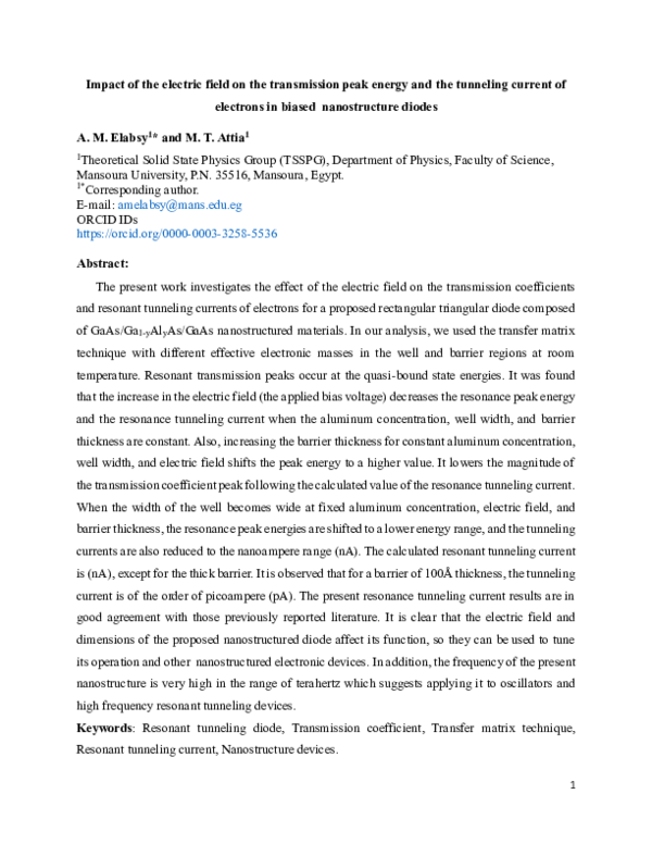 (PDF) Impact of the electric field on the transmission peak energy and ...