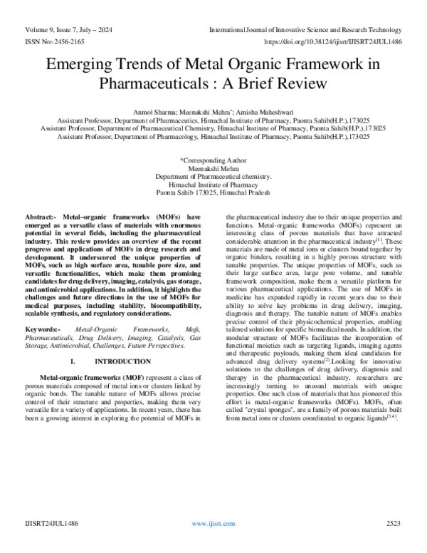 (PDF) Emerging Trends of Metal Organic Framework in Pharmaceuticals : A ...