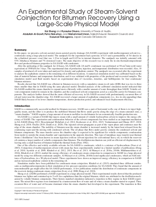 (PDF) An Experimental Study of Steam-Solvent Coinjection for Bitumen ...