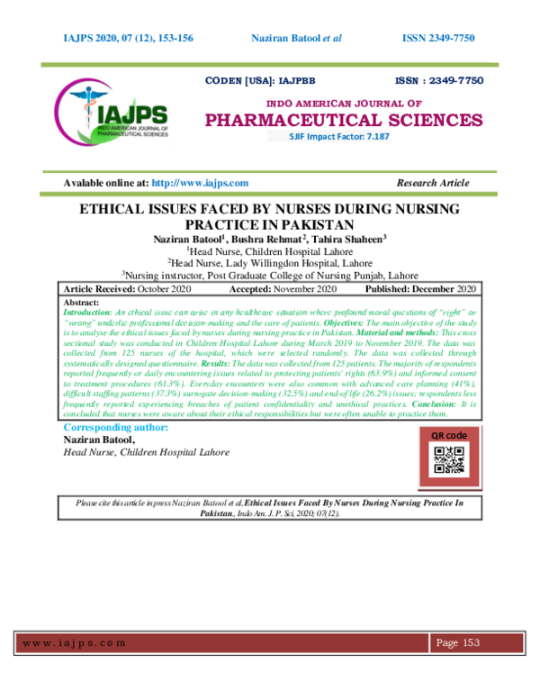 (PDF) Ethical Issues Faced by Nurses During Nursing Practice in Pakistan