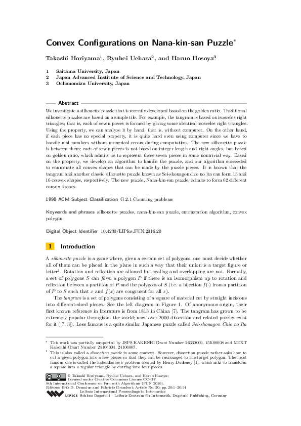(PDF) Convex Configurations on Nana-kin-san Puzzle