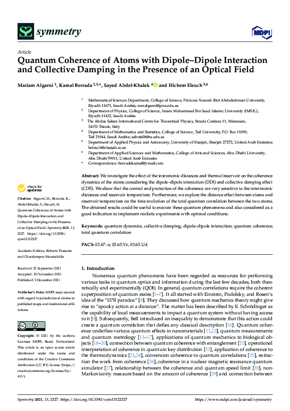 (PDF) Quantum Coherence of Atoms with Dipole-Dipole Interaction and ...