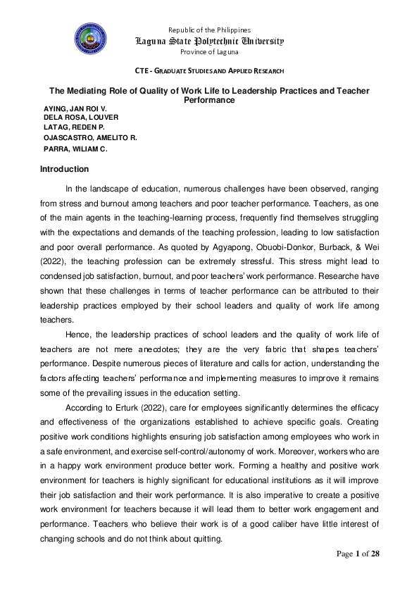 (PDF) The Mediating Role of Quality of Work Life to Leadership Practice ...