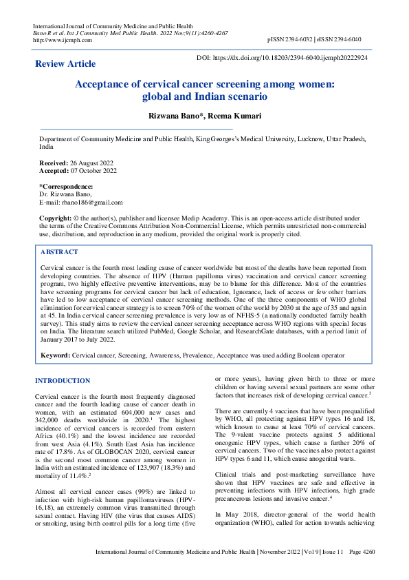 (PDF) Acceptance of cervical cancer screening among women: global and ...