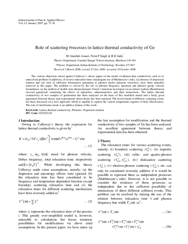 (PDF) Role of Scattering Processes In Lattice Thermal Conductivity of Ge