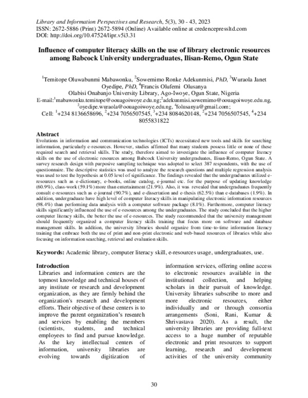 (PDF) Influence of computer literacy skills on the use of library ...