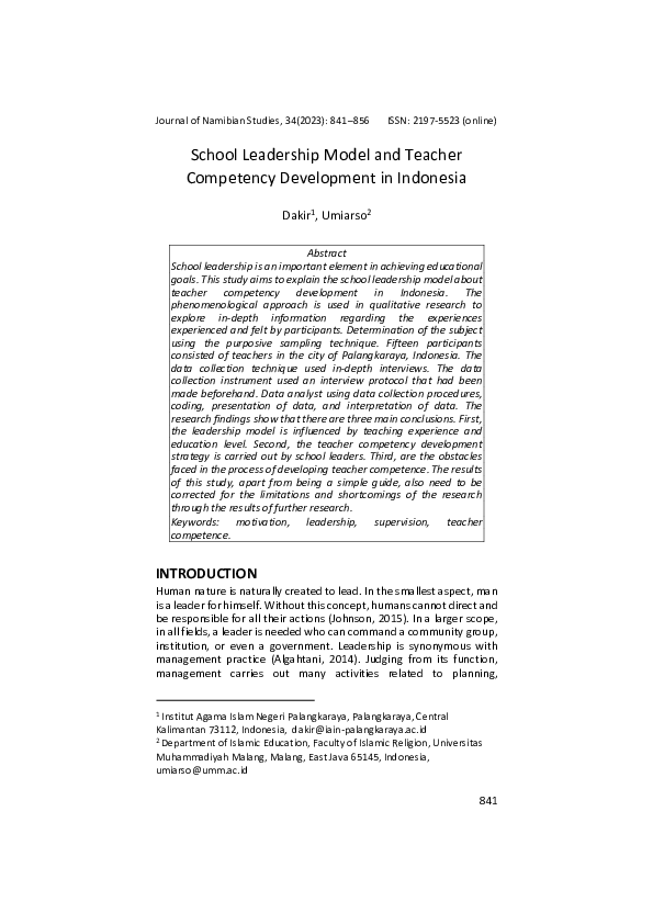 (PDF) School Leadership Model and Teacher Competency Development in ...