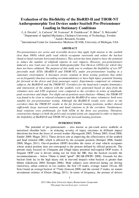 (PDF) Evaluation of the biofidelity of the BioRID-II and THOR-NT ...