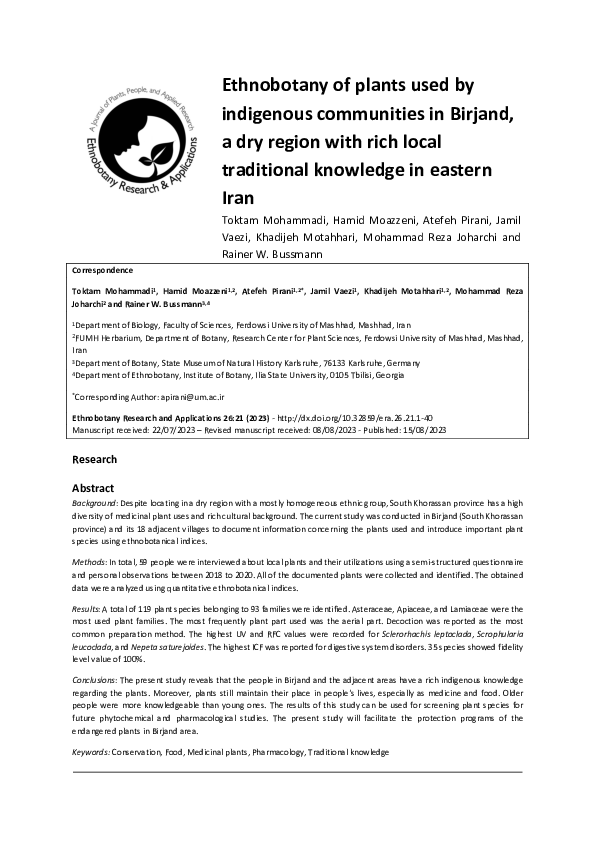 (PDF) Ethnobotany of plants used by indigenous communities in Birjand ...