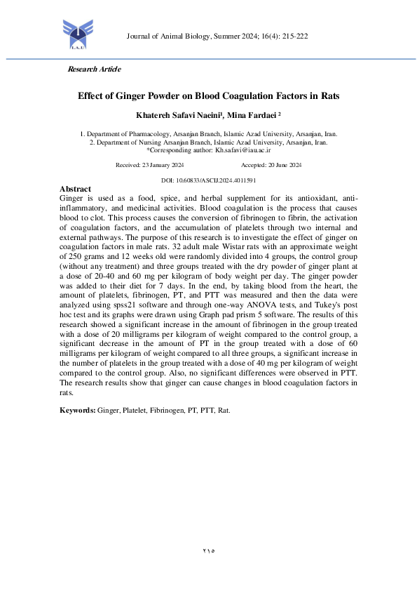 (PDF) Effect of Ginger Powder on Blood Coagulation Factors in Rats