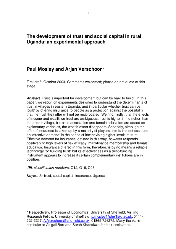 (PDF) The development of trust and social capital in rural Uganda: An ...