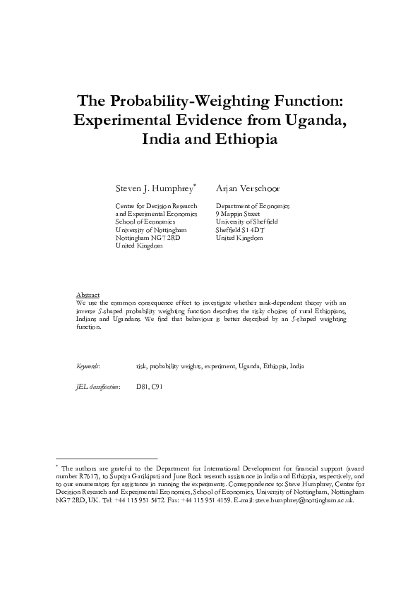 (PDF) The probability weighting function: experimental evidence from ...