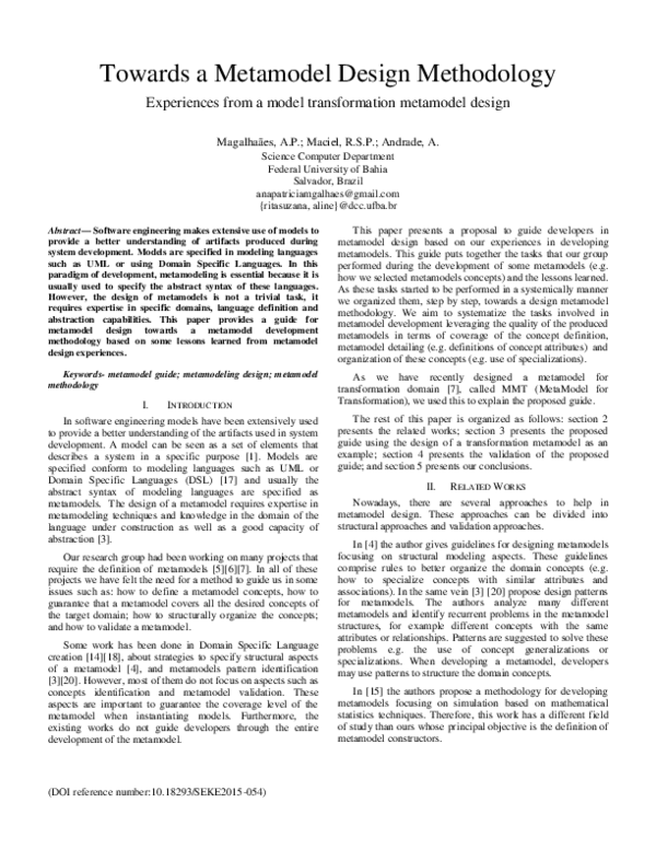 (PDF) Towards a Metamodel Design Methodology: Experiences from a model ...