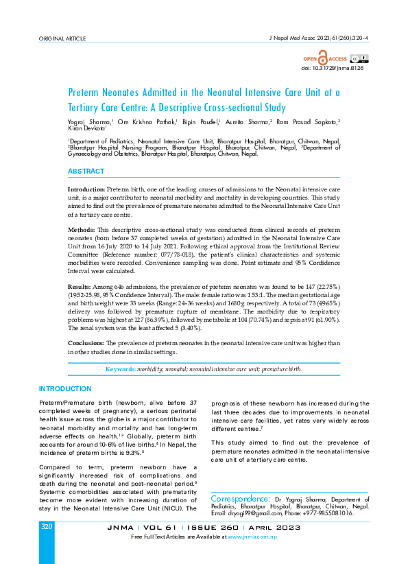 (PDF) Preterm Neonates Admitted in the Neonatal Intensive Care Unit at ...