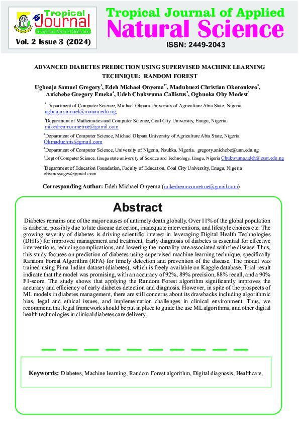 (PDF) Advanced Diabetes Prediction using Supervised Machine Learning ...
