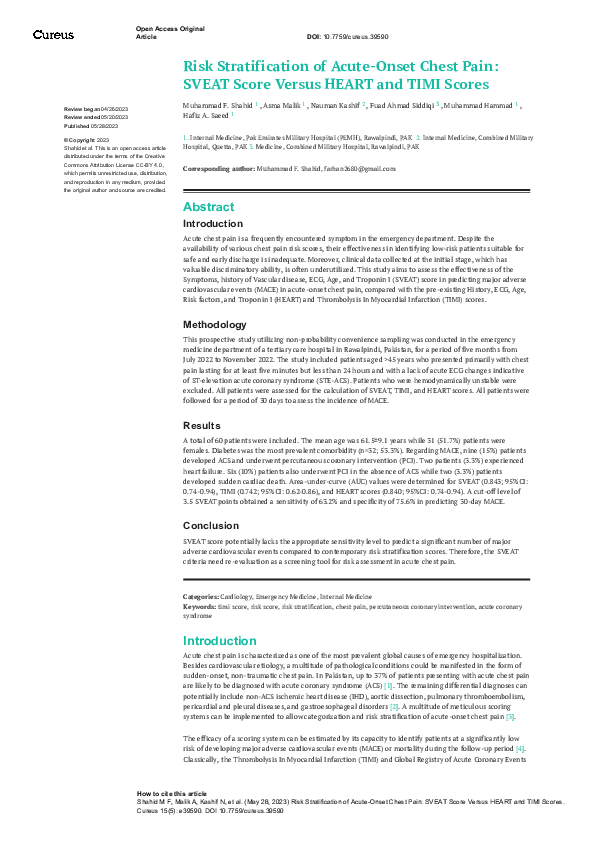 (PDF) Risk Stratification of Acute-Onset Chest Pain: SVEAT Score Versus ...