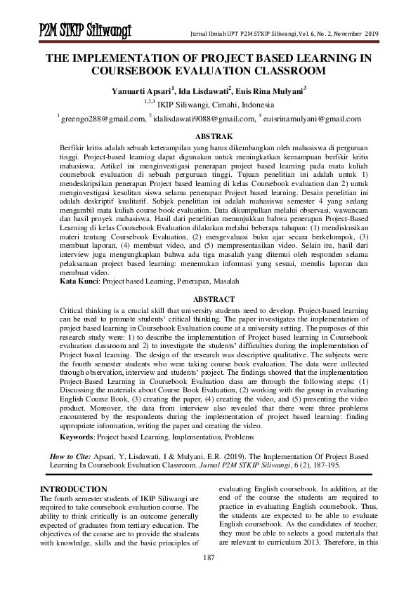 (PDF) The Implementation of Project Based Learning in Coursebook ...