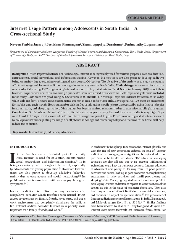 (PDF) Internet Usage Pattern among Adolescents in South India – A Cross ...