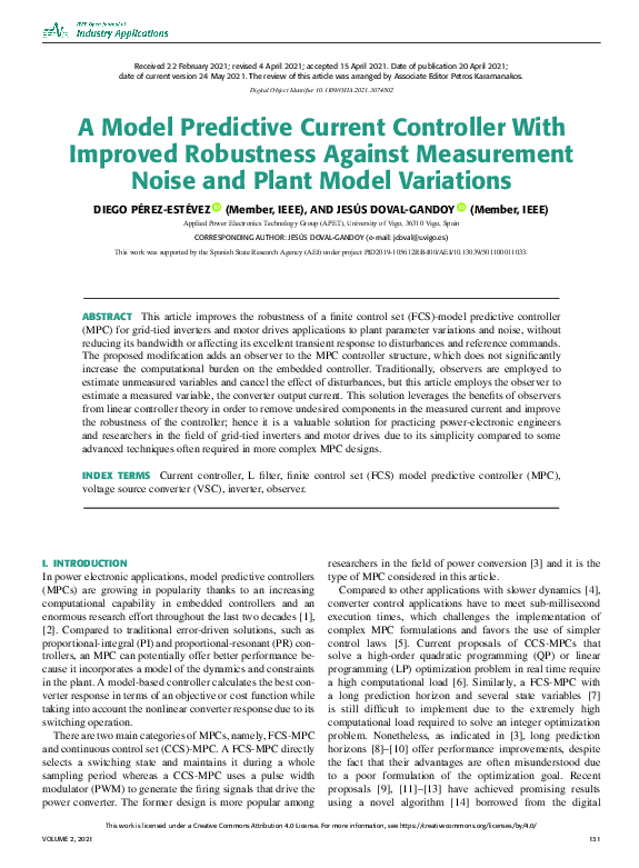 (PDF) A Model Predictive Current Controller With Improved Robustness ...