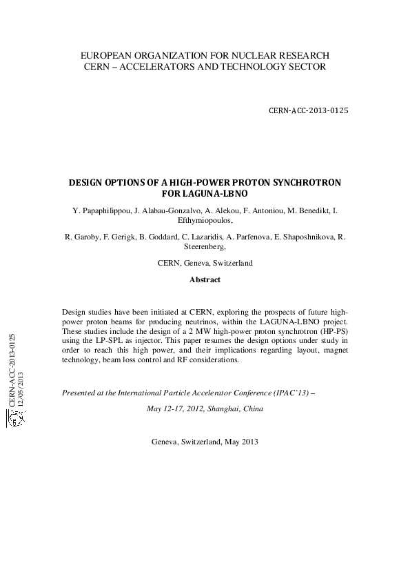(PDF) Design Options of a High-power Synchrotron for Laguna-LBNO