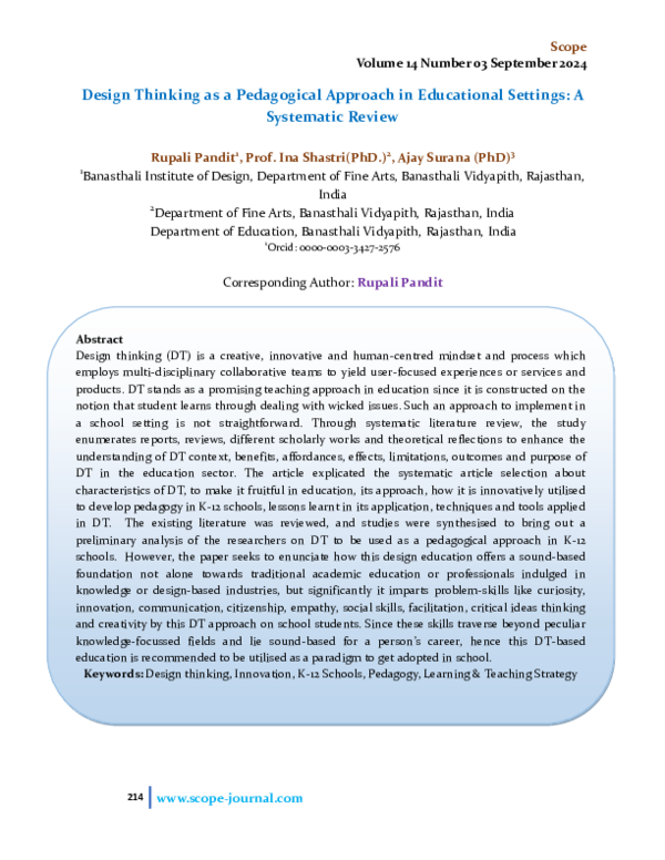 (PDF) Design Thinking as a Pedagogical Approach in Educational Settings ...