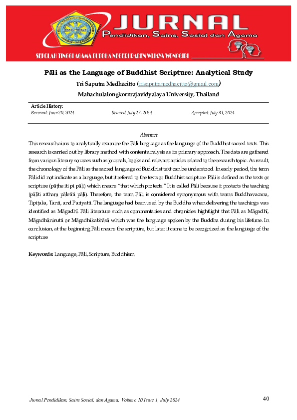 (PDF) Pāli as the Language of Buddhist Scripture: Analytical Study