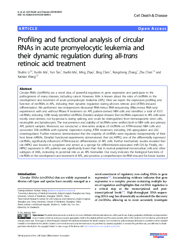 (PDF) Profiling and functional analysis of circular RNAs in acute ...