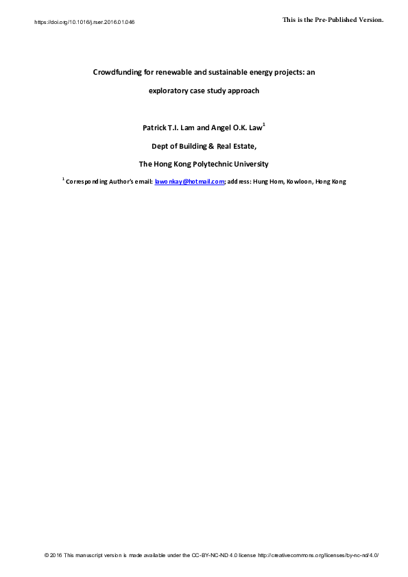 (PDF) Crowdfunding for renewable and sustainable energy projects: An ...