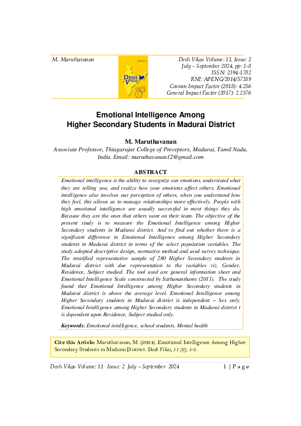(PDF) Emotional Intelligence Among Higher Secondary Students in Madurai ...
