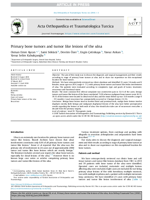 (PDF) Primary bone tumors and tumor like lesions of the ulna