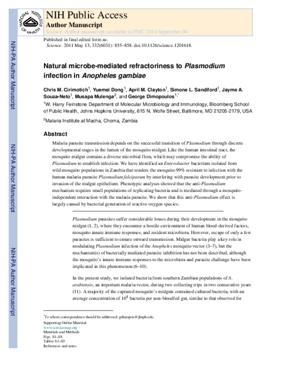 (PDF) Natural Microbe-Mediated Refractoriness to Plasmodium Infection ...
