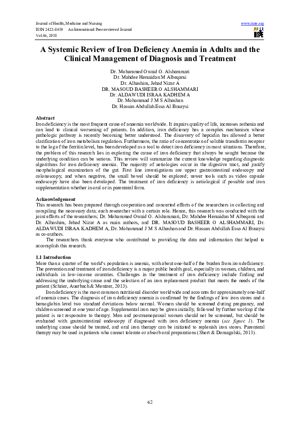 (PDF) A Systemic Review of Iron Deficiency Anemia in Adults and the ...