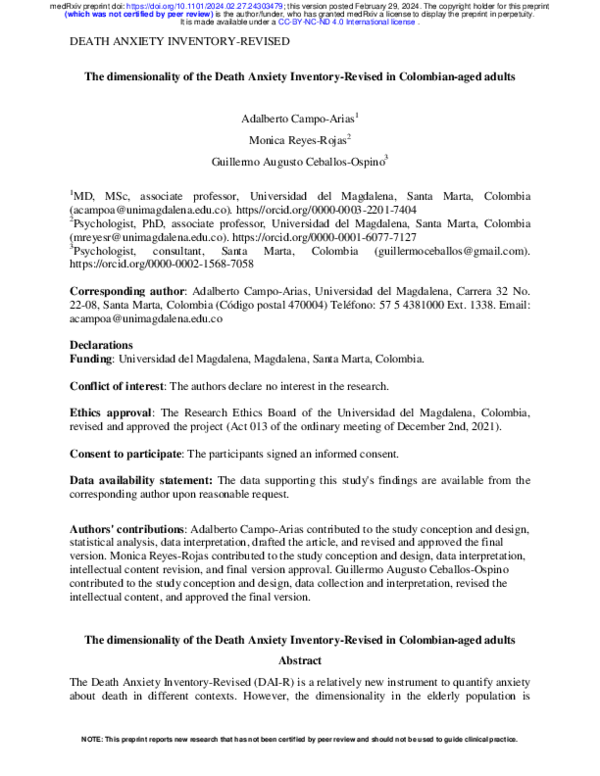 (PDF) The dimensionality of the Death Anxiety Inventory-Revised in ...